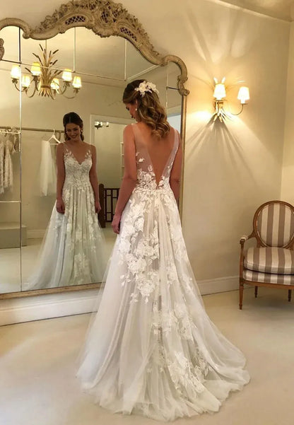 A-Line White V-Neck Lace  Tulle Applique Sleeveless Court Train Formal Evening Dress