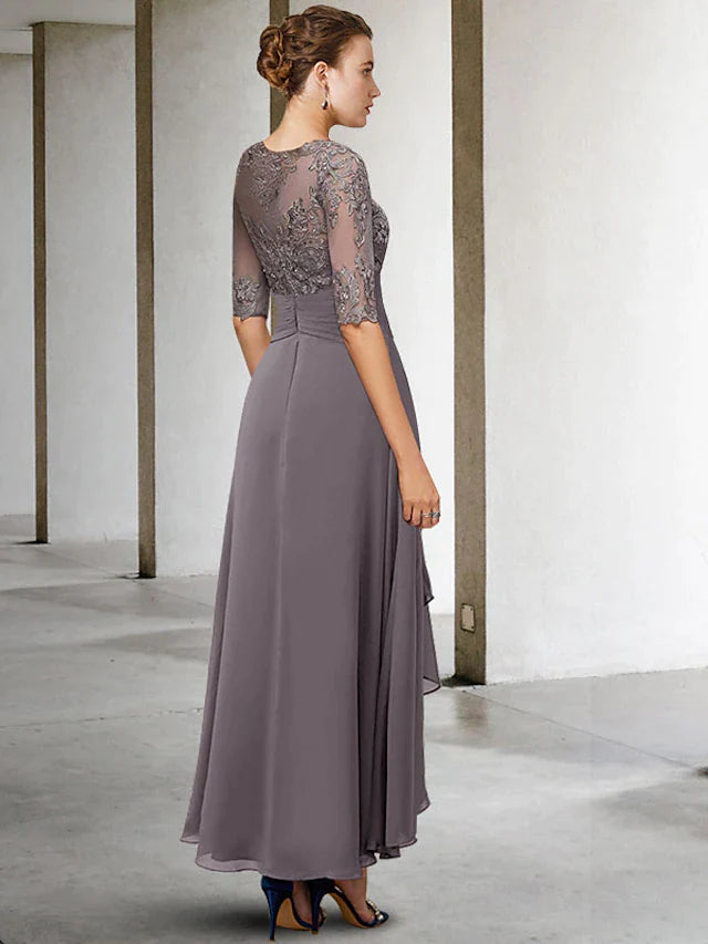 A-Line Mother of the Bride Dress Plus Size Elegant High Low V Neck Asymmetrical Ankle Length Chiffon Lace Half Sleeve with Beading Appliques