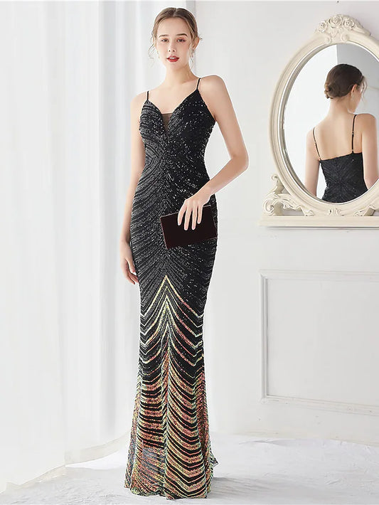 Mermaid / Trumpet Evening Gown Elegant Dress Wedding Guest Floor Length Sleeveless Spaghetti Strap Sequined V Back with Sequin
