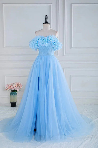 Strapless Flower A-Line Tulle Blue Prom Dress