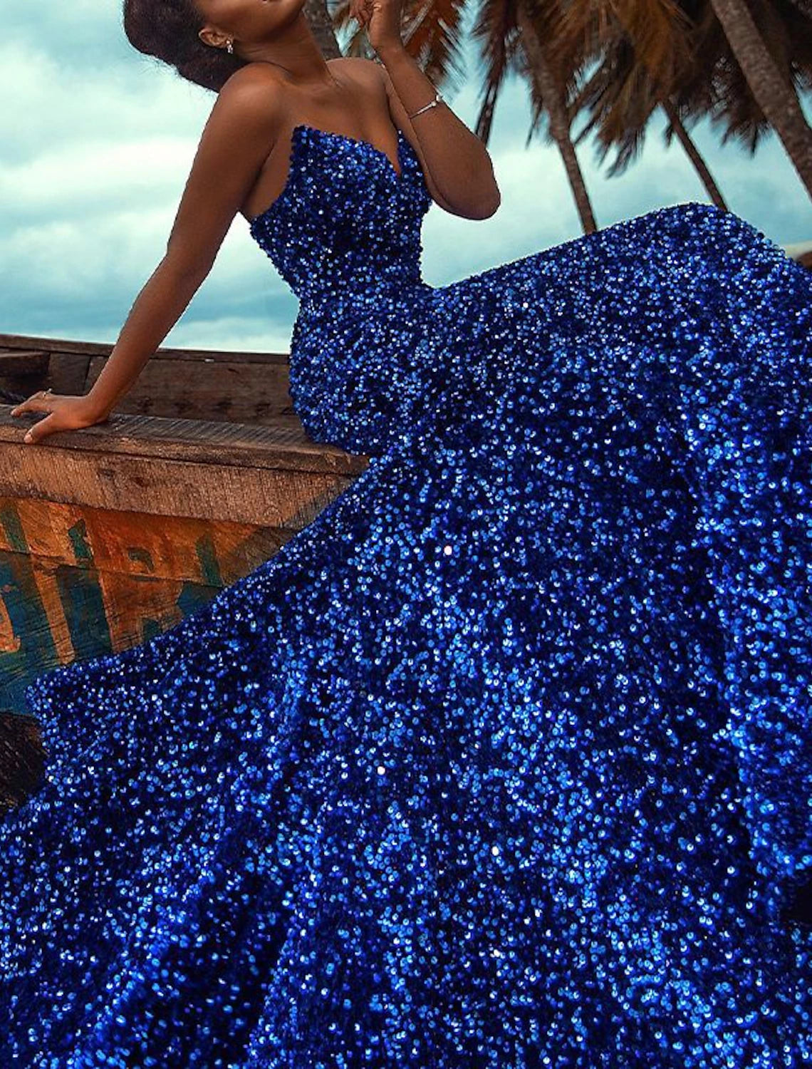 Glitter Sparking Sequins Sheath Mermaid Trumpet Formal Evening Brush Train Sleeveless Off the Shoulder Party Dress With Sequins