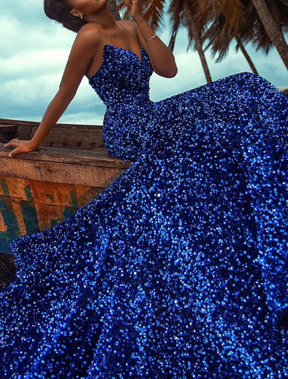 Glitter Sparking Sequins Sheath Mermaid Trumpet Formal Evening Brush Train Sleeveless Off the Shoulder Party Dress With Sequins