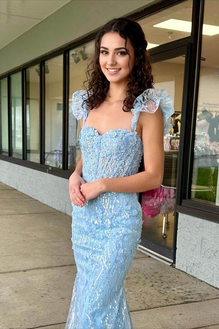 Sheath Mermaid Yellow Brush Train Evening Dresses Ruffle Straps 3D Flower Long Prom Dress