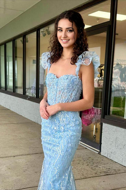 Sheath Mermaid Yellow Brush Train Evening Dresses Ruffle Straps 3D Flower Long Prom Dress