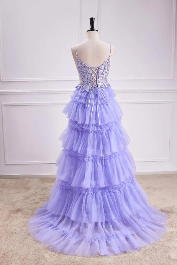 Plunging V Neck Floral Layers A-line Long Prom Dress