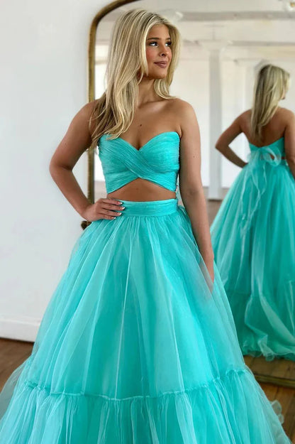 Off Shoulder A-line Mint Green Tulle Prom Long Formal Dress