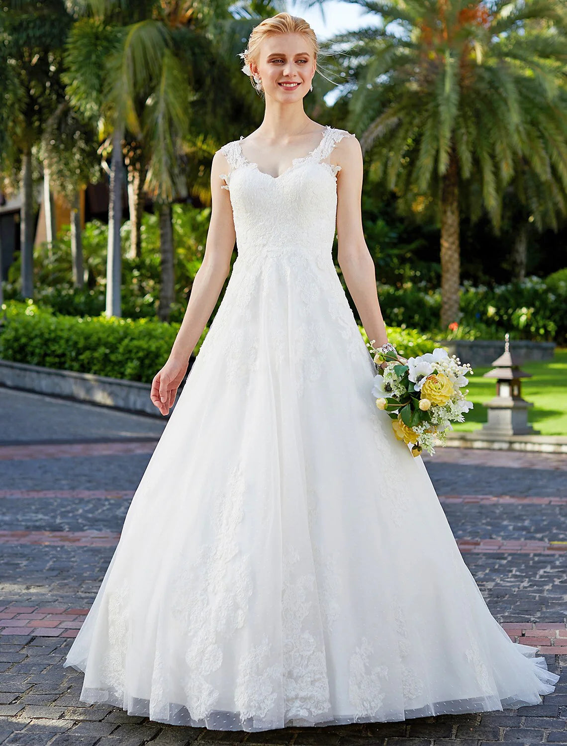 Ball Gown V Neck Regular Straps Floor Length Tulle Over Lace Bridal Gowns With Lace Appliques Wedding Dresses