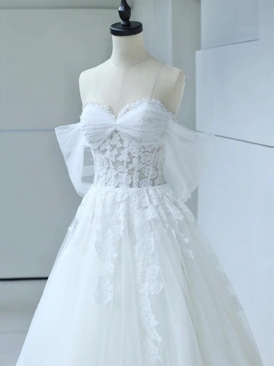 A-Line Off the Shoulder Low V-Neck White Tulle Lace Strapless Lace Wedding Dress With Appliques