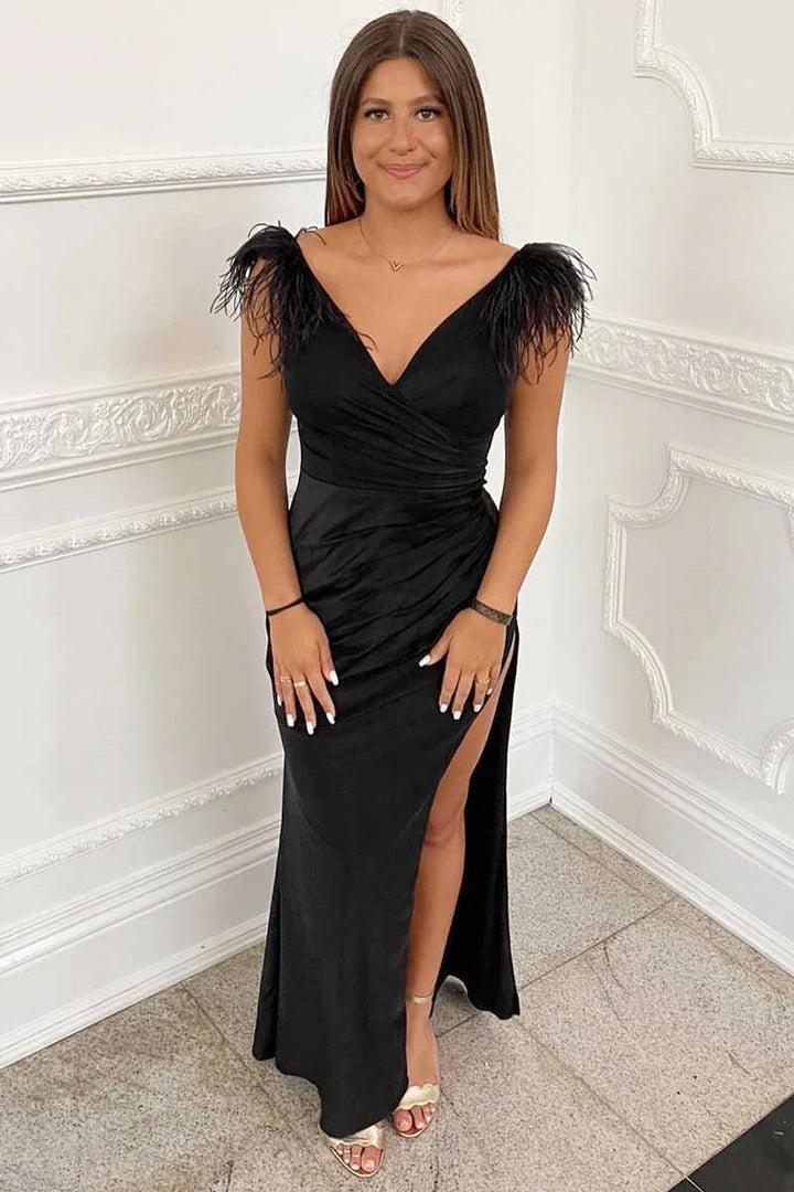 Feather V-Neck Long Prom Dress with Slit