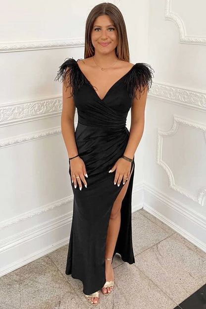 Feather V-Neck Long Prom Dress with Slit