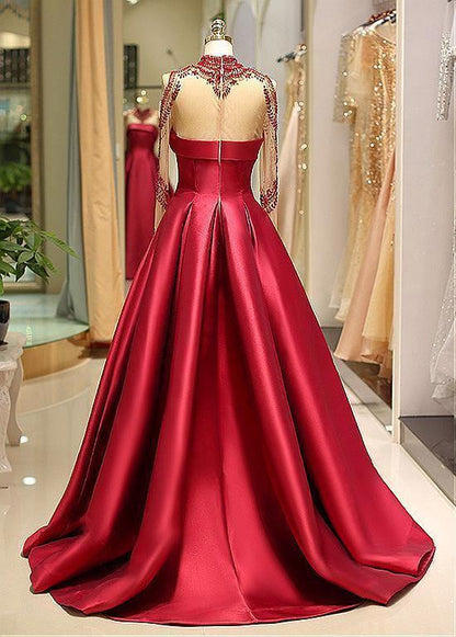 Ball Gown Satin Sweep/Brush Train Dresses Long Sleeve High Neck Beading Prom Dresses With Ruching