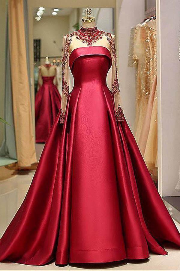 Ball Gown Satin Sweep/Brush Train Dresses Long Sleeve High Neck Beading Prom Dresses With Ruching