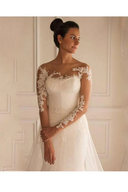 Long Sleeves Appliques Button Floor-Length Mermaid Wedding Dress