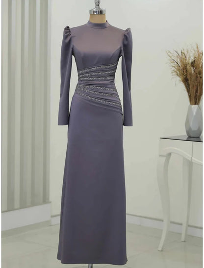 Evening Gown Formal Ankle Length Long Sleeve High Neck Satin with Glitter Ruched