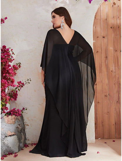 Mermaid / Trumpet Wedding Guest Dresses Plus Size Dress Formal Sweep / Brush Train Long Sleeve V Neck Polyester with Sequin Shawl
