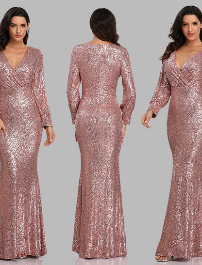 Sheath Mermaid V Neck  Evening Gown Sleek Glitter Sparking Sequins  Floor Length Long Sleeve  Party Dress  Prom Dress