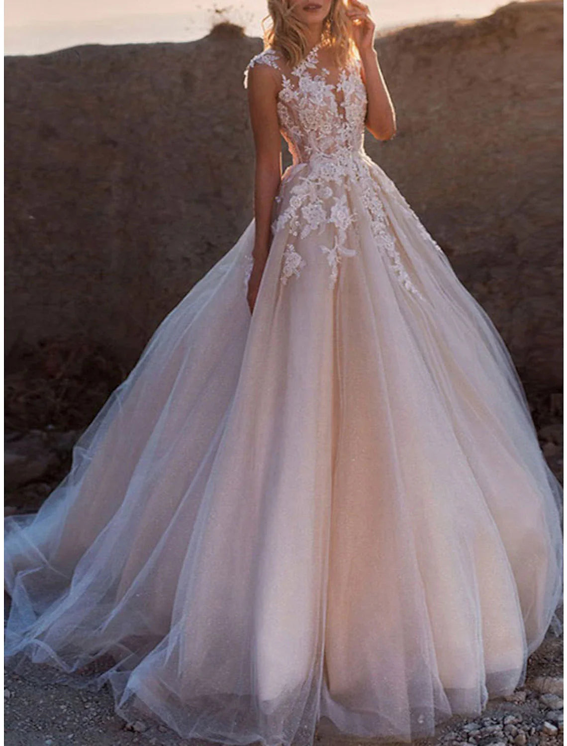 Formal Wedding Dresses Ball Gown Illusion Neck Cap Sleeve Court Train Lace Bridal Gowns With Buttons Appliques 2023 Summer Wedding Party, Women's Clothing