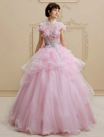Ball Gown High Neck Floor Length Organza Tulle Wedding Dress with Crystal Beading Bow Flower