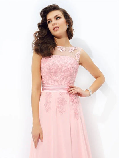 A-Line Prom Dresses Formal Floor Length Sleeveless Jewel Neck Chiffon with Appliques