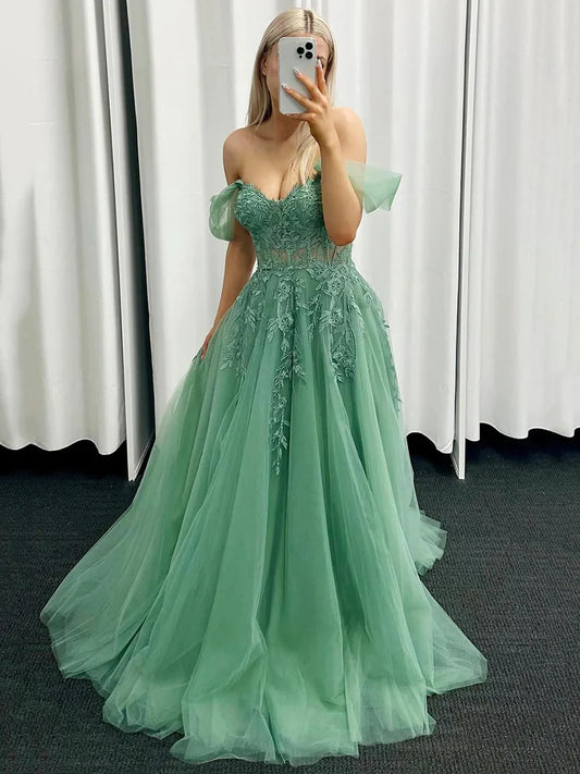 A-Line  Off the Shoulder Evening Party Dress  Sweep/Brush Train Green Tulle Lace Long Prom Dress With Appliques
