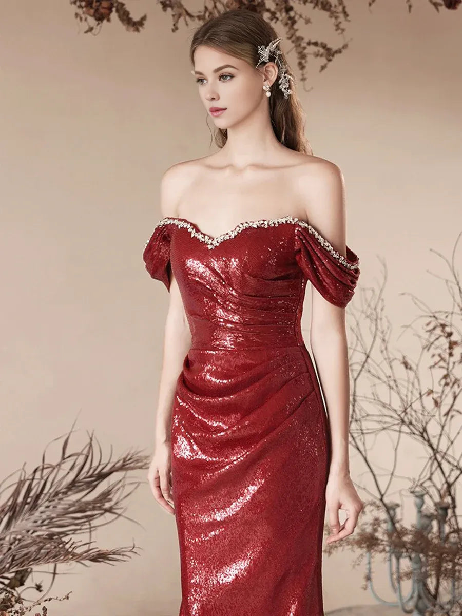 Mermaid Off the Shoulder Sleek Glitter Sparking Evening Party Dress Burgundy Sequins Brush Train Long Prom Dress