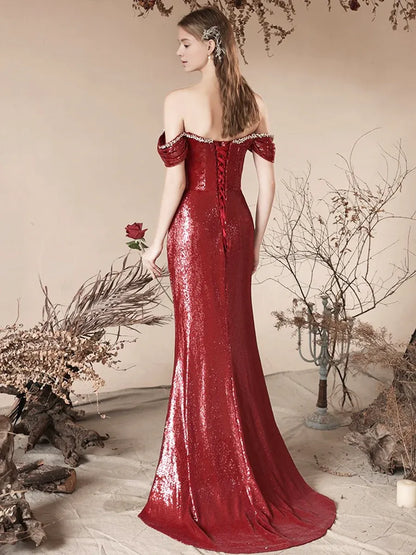 Mermaid Off the Shoulder Sleek Glitter Sparking Evening Party Dress Burgundy Sequins Brush Train Long Prom Dress