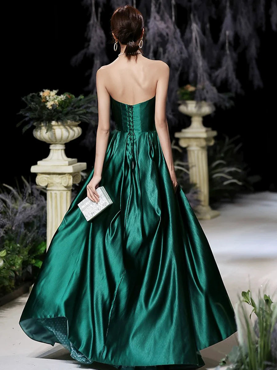 A-Line Satin Strapless Evening Party Dress Dark Green Satin Long Prom Dress