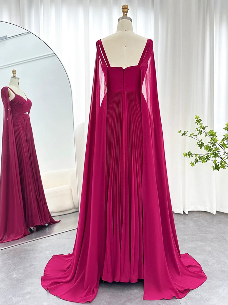 Elegant Fuchsia Spaghetti Strap V-Neck Party Formal Dresses Chiffon Long Evening Dresses with Cape Sleeves