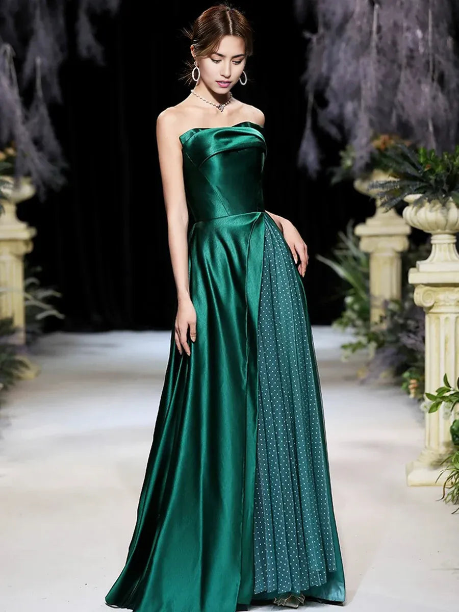 A-Line Satin Strapless Evening Party Dress Dark Green Satin Long Prom Dress