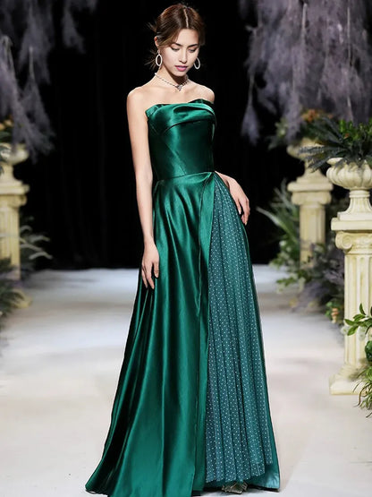 A-Line Satin Strapless Evening Party Dress Dark Green Satin Long Prom Dress