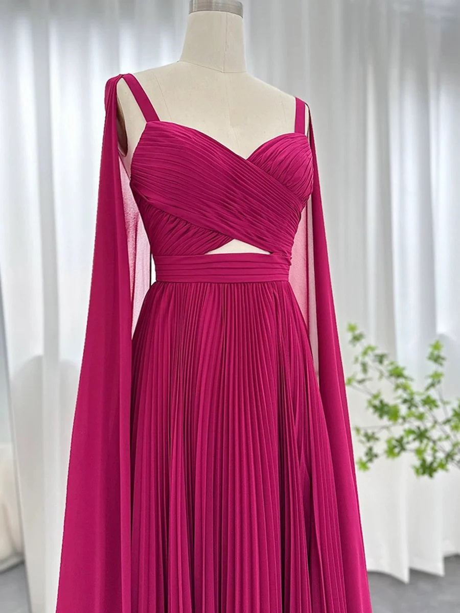 Elegant Fuchsia Spaghetti Strap V-Neck Party Formal Dresses Chiffon Long Evening Dresses with Cape Sleeves