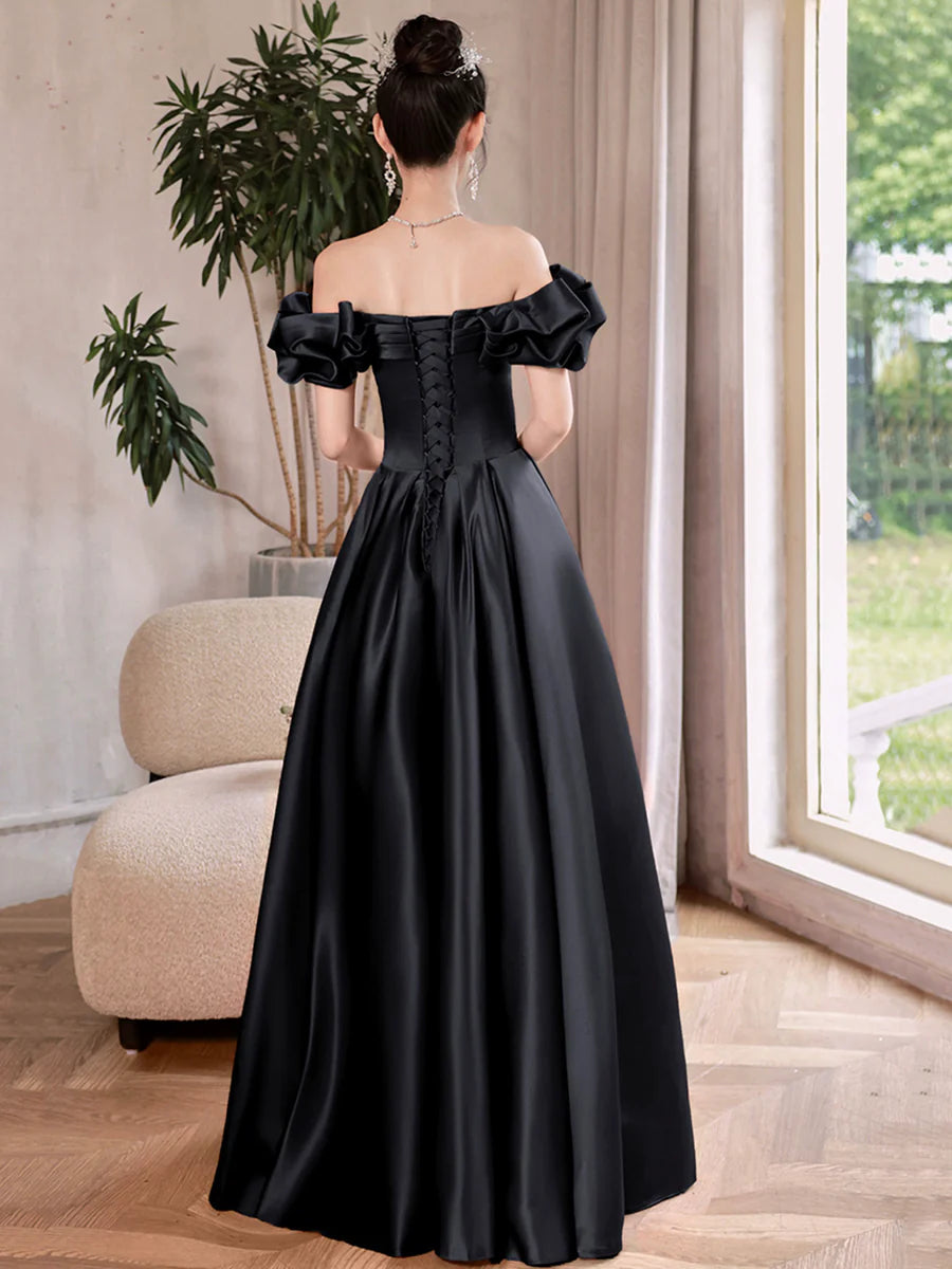 A-Line Black Satin Long Prom Dress Black Off the Shoulder Evening Party Dress
