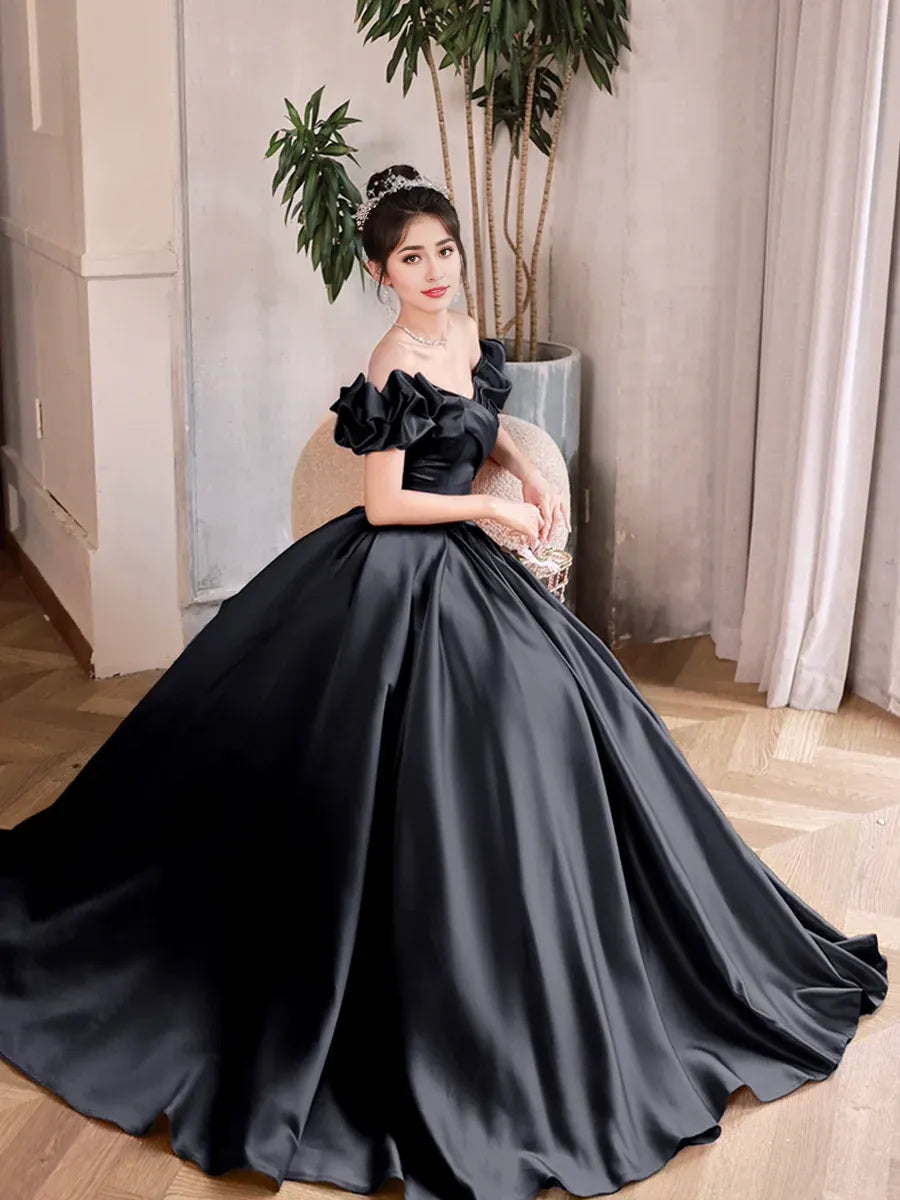 A-Line Black Satin Long Prom Dress Black Off the Shoulder Evening Party Dress