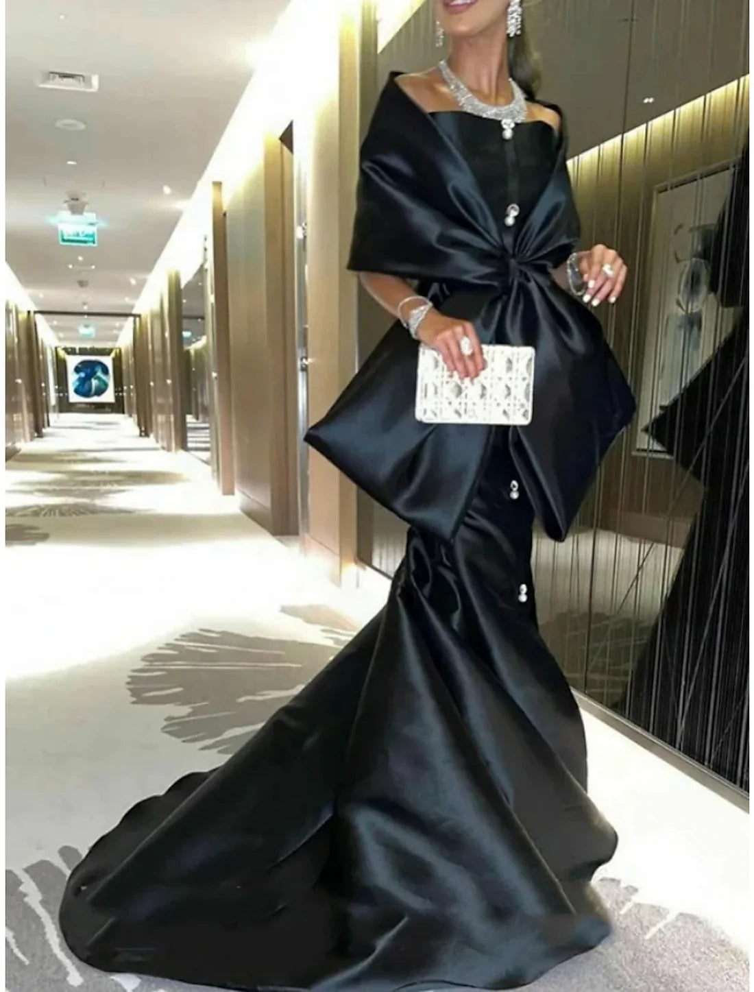Mermaid Evening Gown Black Dress Elegant Dress Formal Court Train Half Sleeve Off Shoulder Satin with Bow(s) Slit