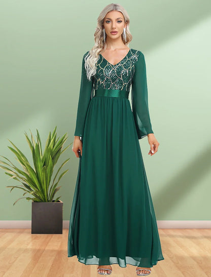 A-Line Evening Gown Elegant Dress Party Wear Floor Length Long Sleeve V Neck Chiffon with Sequin Ribbon