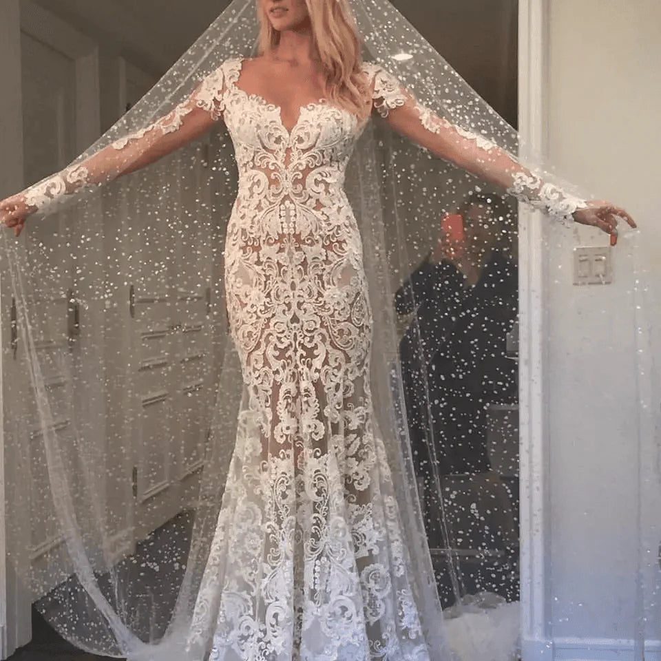 Romantic Long Appliques Backless Lace Mermaid Ivory Wedding Dresses