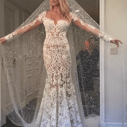 Romantic Long Appliques Backless Lace Mermaid Ivory Wedding Dresses