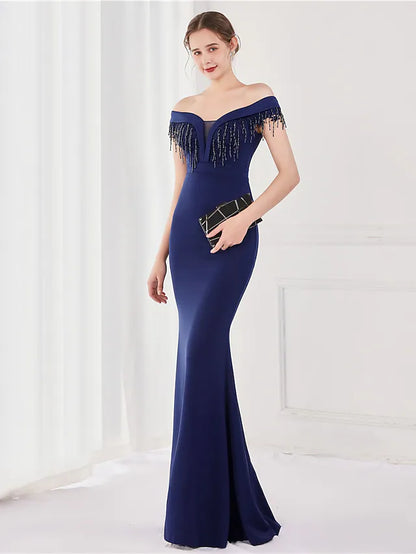 Mermaid / Trumpet Elegant Sexy Wedding Guest Formal Evening Dress Off Shoulder V Back Short Sleeve Floor Length Satin with Tassel