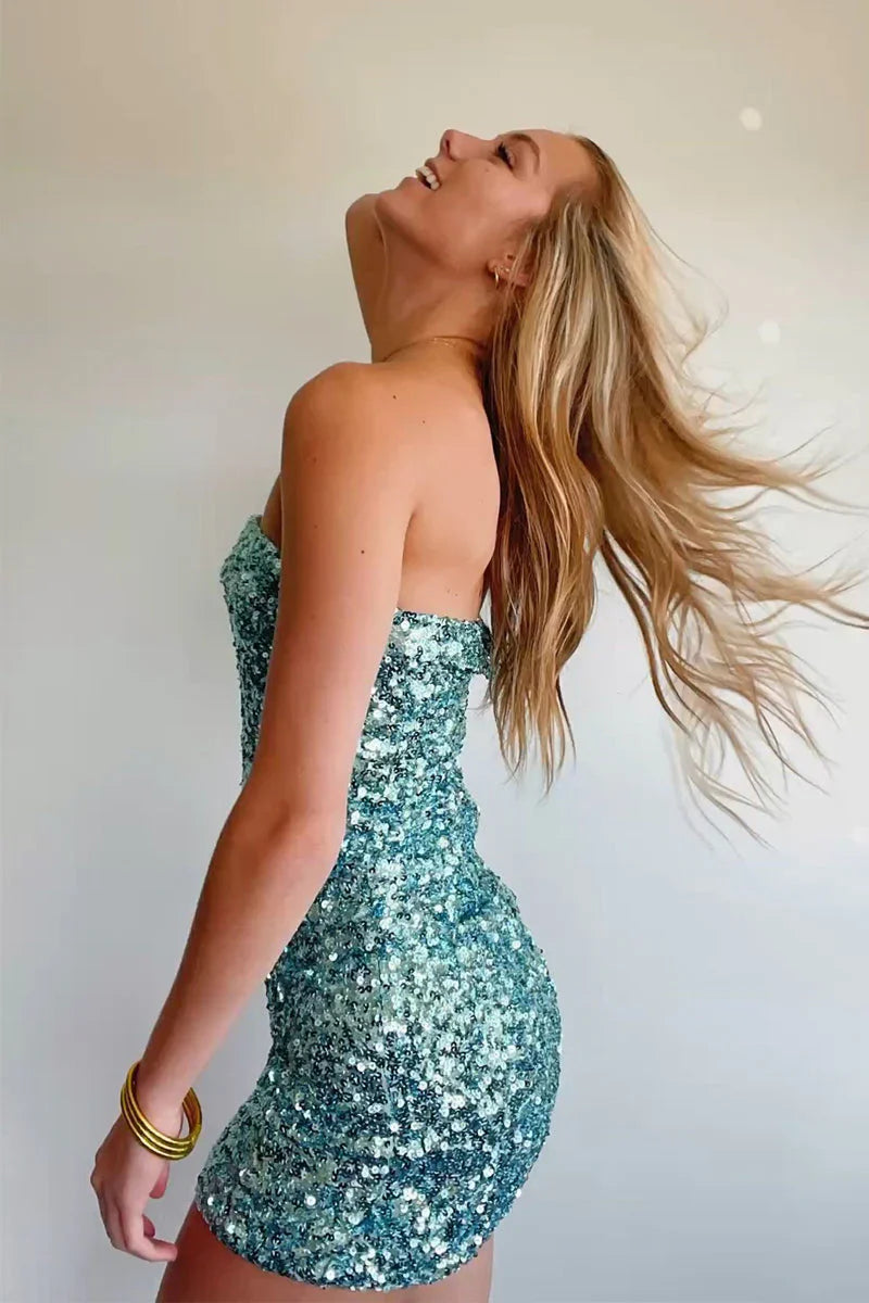 Cute Strapless Off-the-Shoulder Sage Green Sequins Tight Homecoming Dresses