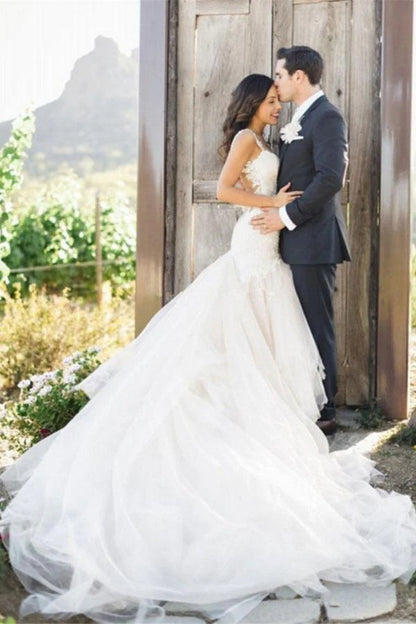 Mermaid Boat Neck Court Train Ivory Tulle Wedding Dress