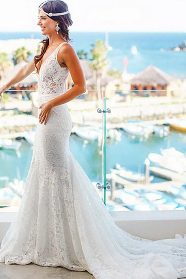 Mermaid Lace V-neck Court Train Beach Wedding Dress