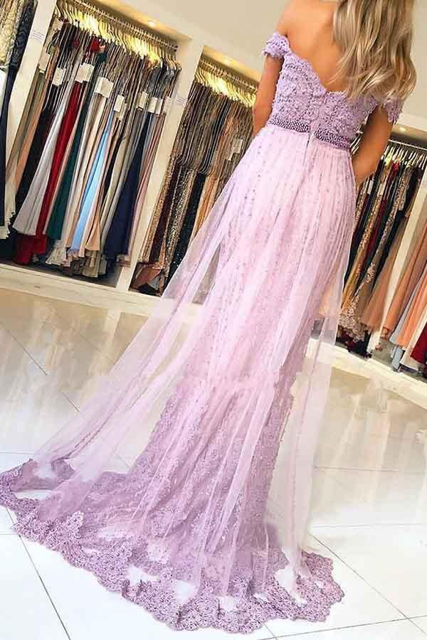 Sheath Mermaid Off the Shoulder Sweep/Brush Train Dresses Lavender Prom Dress with Beaded Appliques