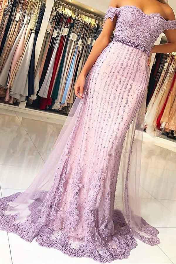 Sheath Mermaid Off the Shoulder Sweep/Brush Train Dresses Lavender Prom Dress with Beaded Appliques