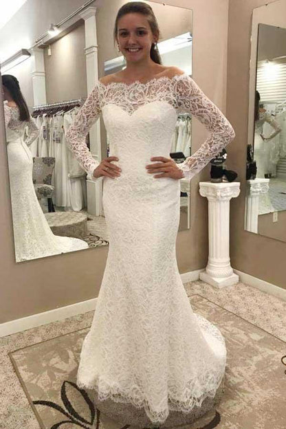 Mermaid Off-the-Shoulder Lace Wedding Dress with Long Sleeves