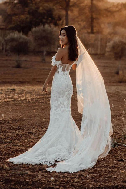 Mermaid Off-the-shoulder Tull Applique Amazing Rustic Wedding Dress