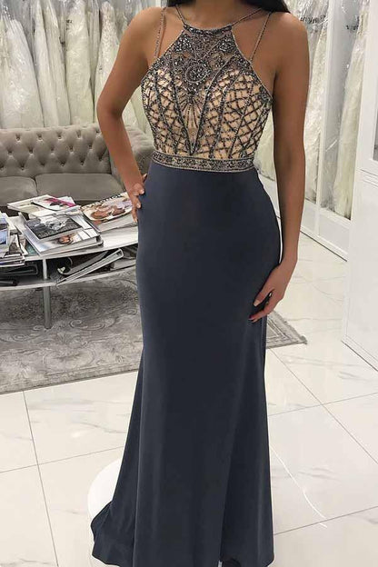 Sheath Mermaid Scoop Neck Floor-Length Grey Prom Dress with Beading