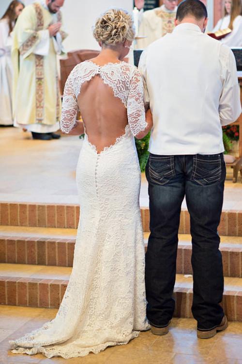 Mermaid Scoop Open Back Long Sleeves Wedding Dresses With Appliques