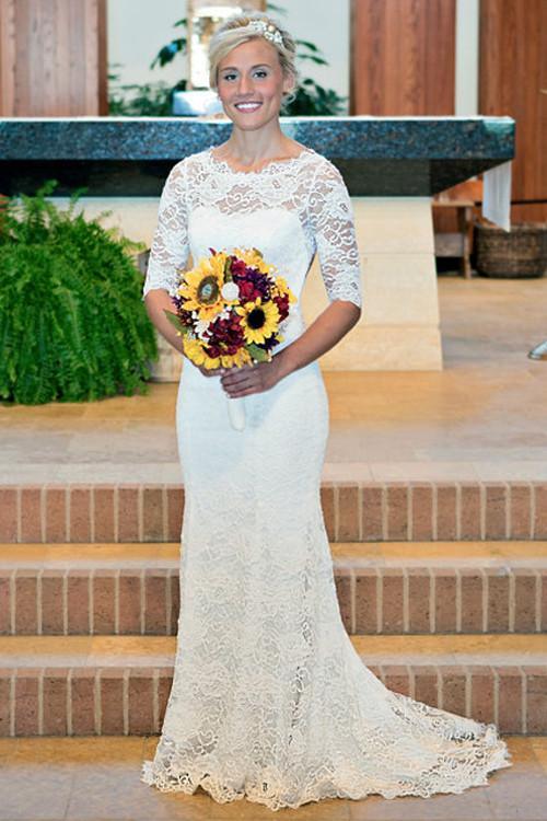 Mermaid Scoop Open Back Long Sleeves Wedding Dresses With Appliques