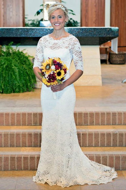 Mermaid Scoop Open Back Long Sleeves Wedding Dresses With Appliques