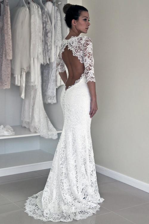 Mermaid Scoop Open Back Long Sleeves Wedding Dresses With Appliques